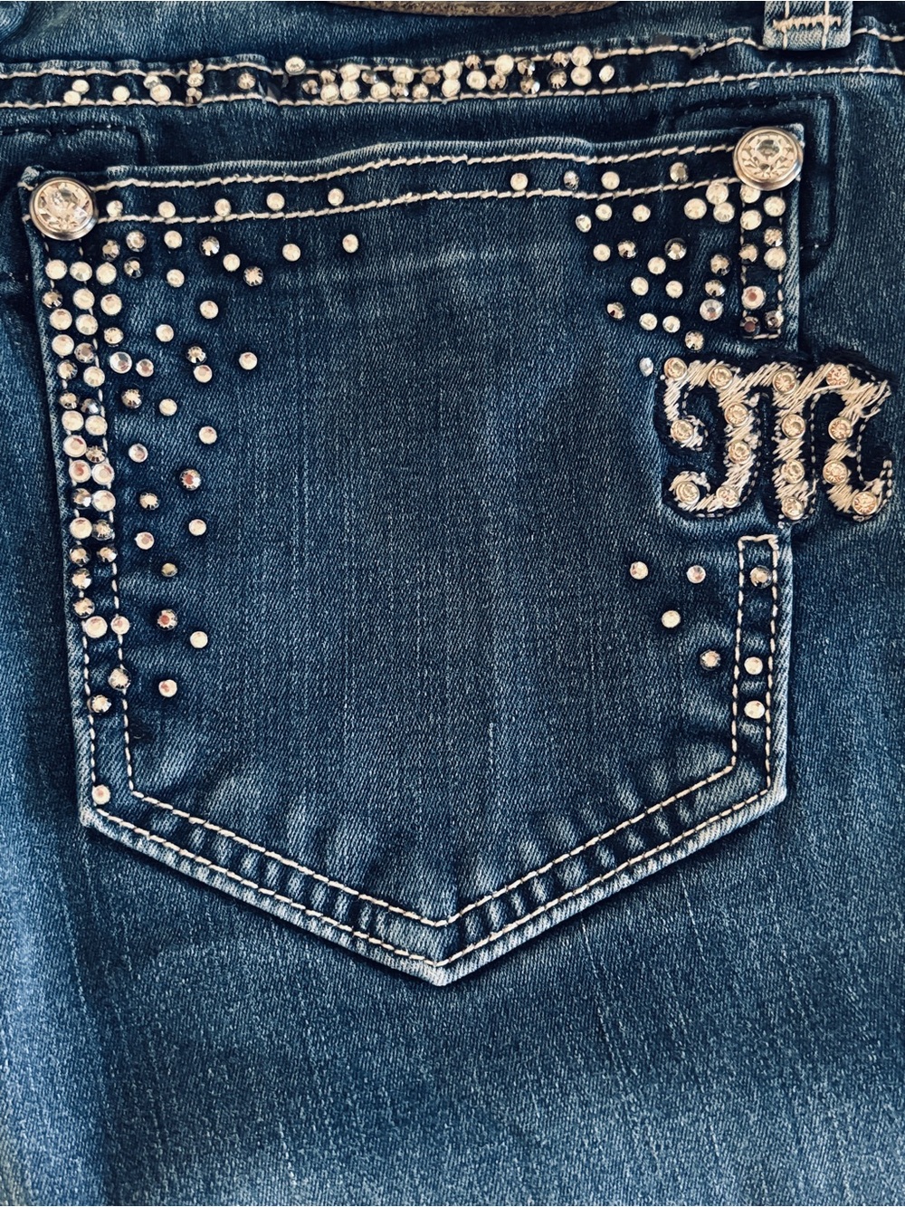 Miss Me Medium-Dark Blue Skinny Jeans with Rhinestone Trim - Picture 15 of 16